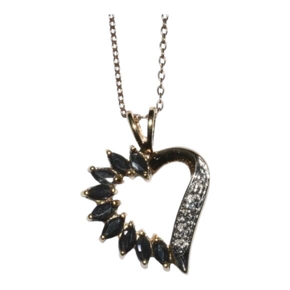 Black Sapphire Diamond Heart Pendant Necklace 18in Chain GP 925 Sterling Silver - Picture 1 of 6